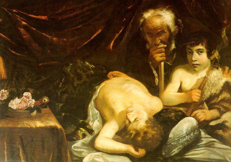 CAGNACCI, Guido Sleeping Christ with Zacharias John the Baptist Spain oil painting art